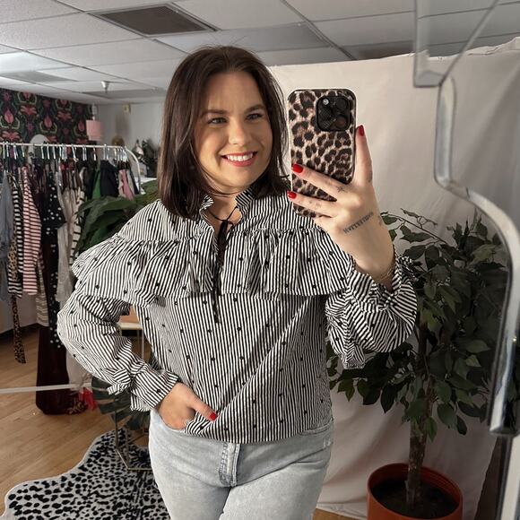 MAJE Lossi Ruffled Striped Cotton Blouse Black Size 1 - Picture 2 of 7